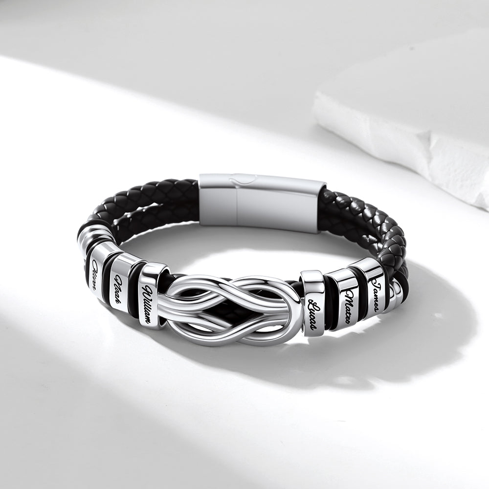 Custom Name leather bracelet with infinity symbol on a white background