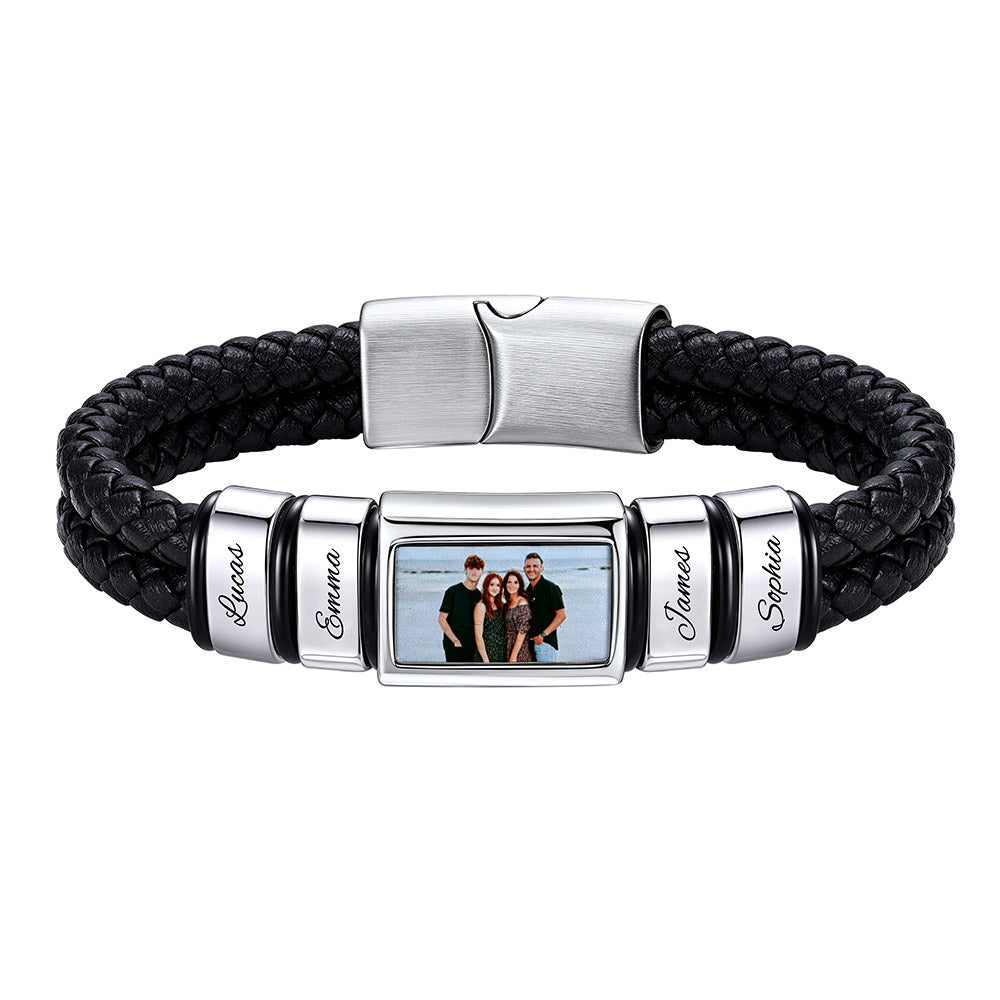 Custom Names Photo Engraved Braided Leather Bracelet for Men on a white background