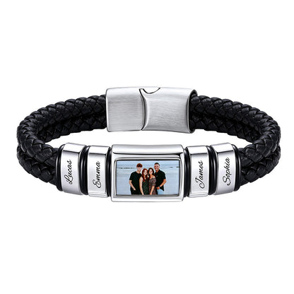 Custom Names Photo Engraved Braided Leather Bracelet for Men on a white background