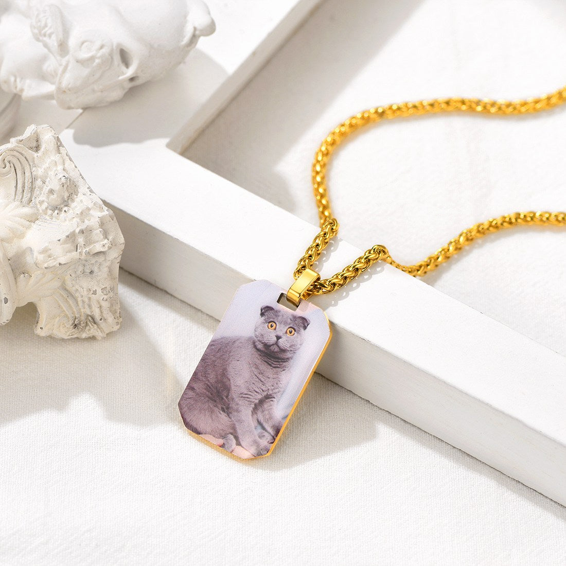 Custom Octagon Dog Tag Picture Necklace in Gold Plated