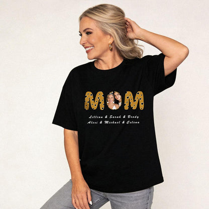 Custom Photo Mom Black T Shirt with 1-6 Names