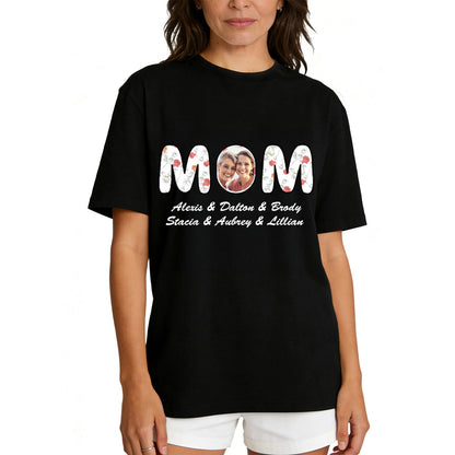 Custom Photo Mom T Shirt with 1-6 Names Flower Black