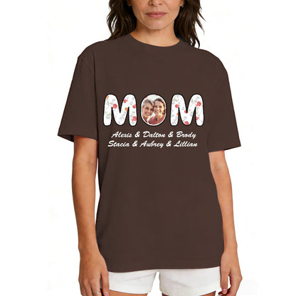 Custom Photo Mom T Shirt with 1-6 Names Flower Brown