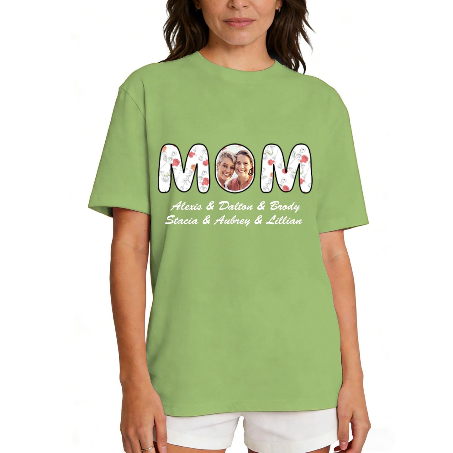 Custom Photo Mom T Shirt with 1-6 Names Flower Green