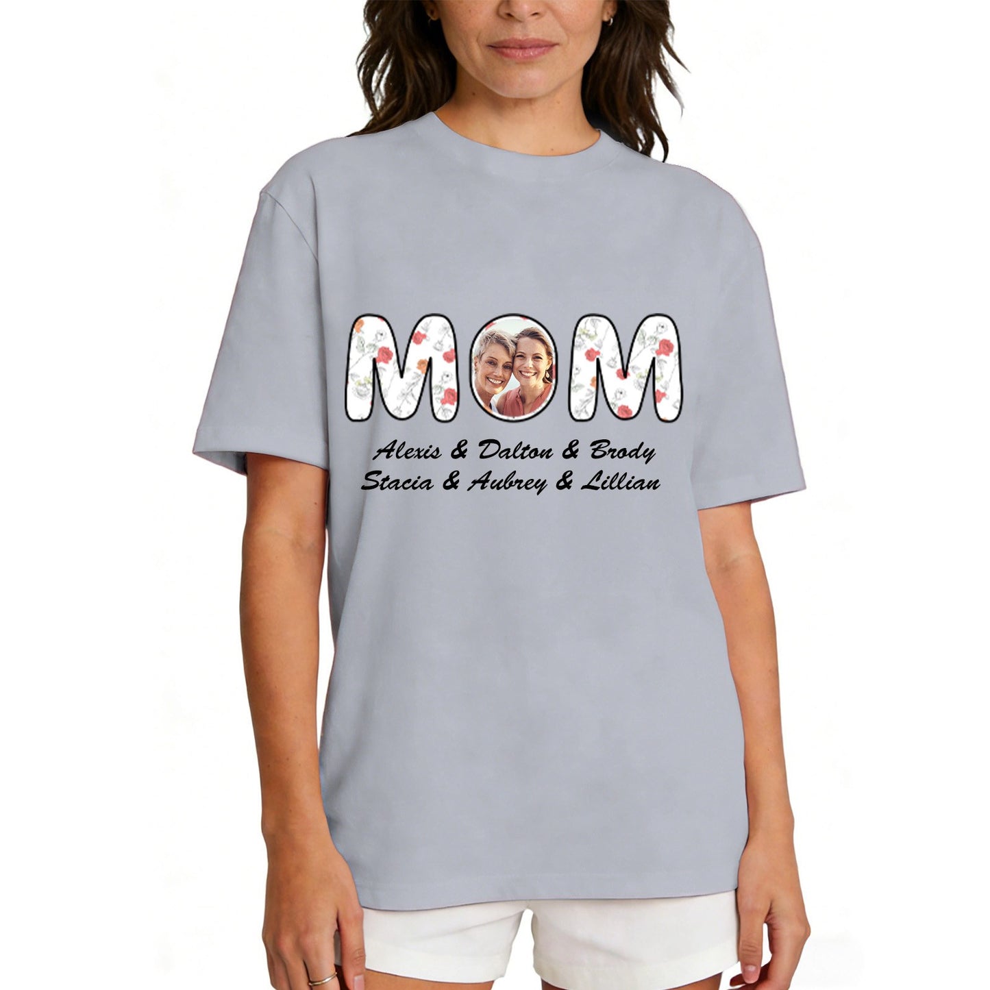Custom Photo Mom T Shirt with 1-6 Names Flower Grey