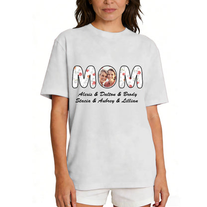 Custom Photo Mom T Shirt with 1-6 Names Flower Light Grey