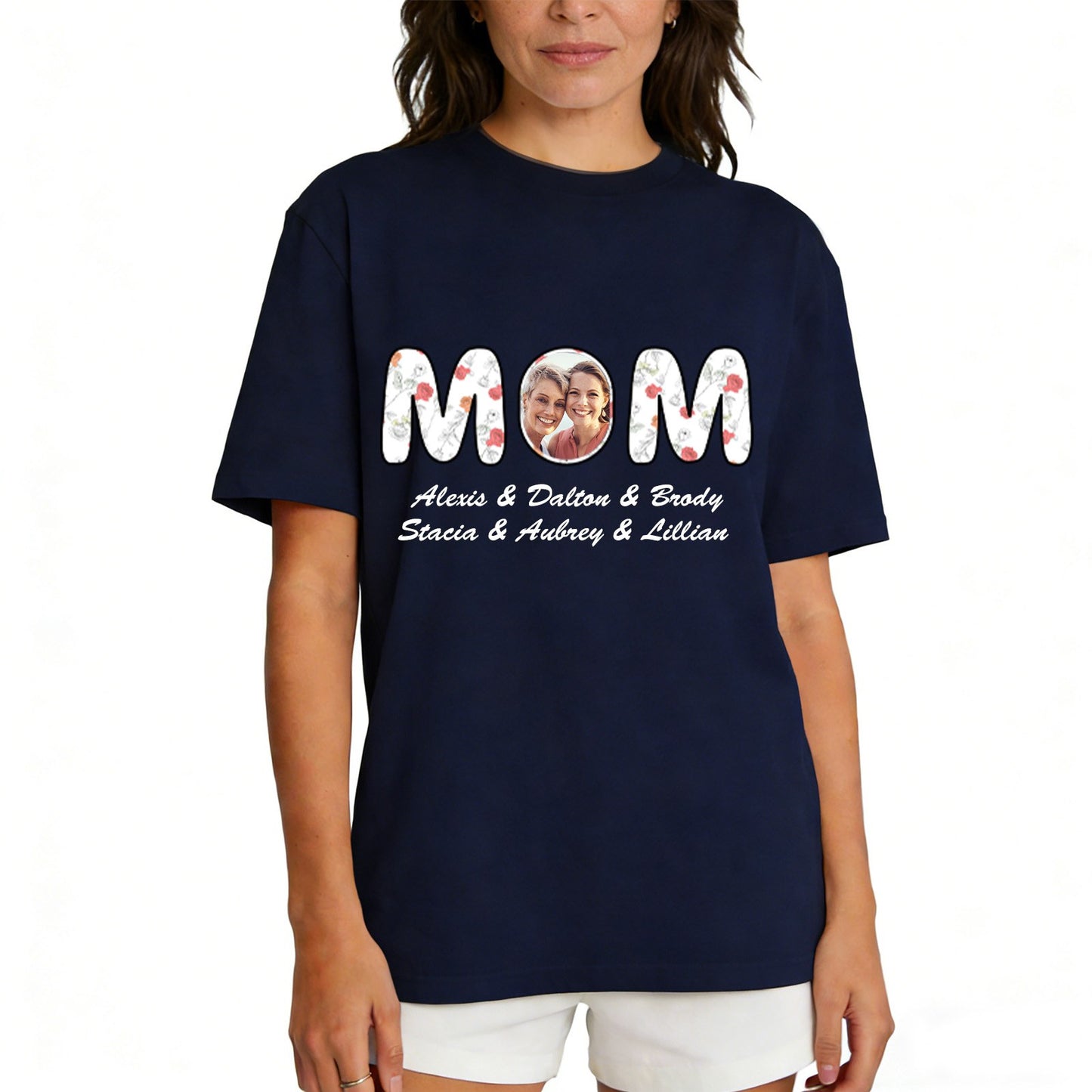 Custom Photo Mom T Shirt with 1-6 Names Flower Navy Blue