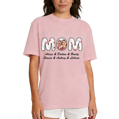 Custom Photo Mom T Shirt with 1-6 Names Flower Pink