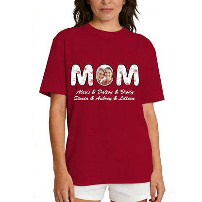 Custom Photo Mom T Shirt with 1-6 Names Flower Red