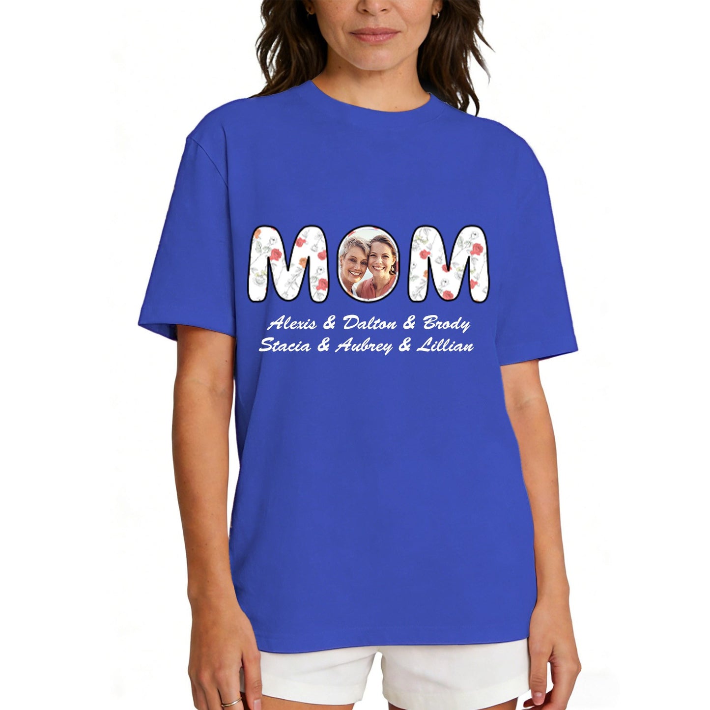 Custom Photo Mom T Shirt with 1-6 Names Flower Royal Blue