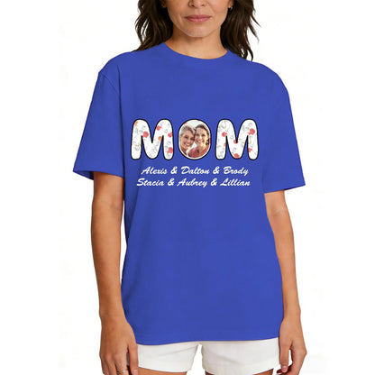 Custom Photo Mom T Shirt with 1-6 Names Flower Royal Blue