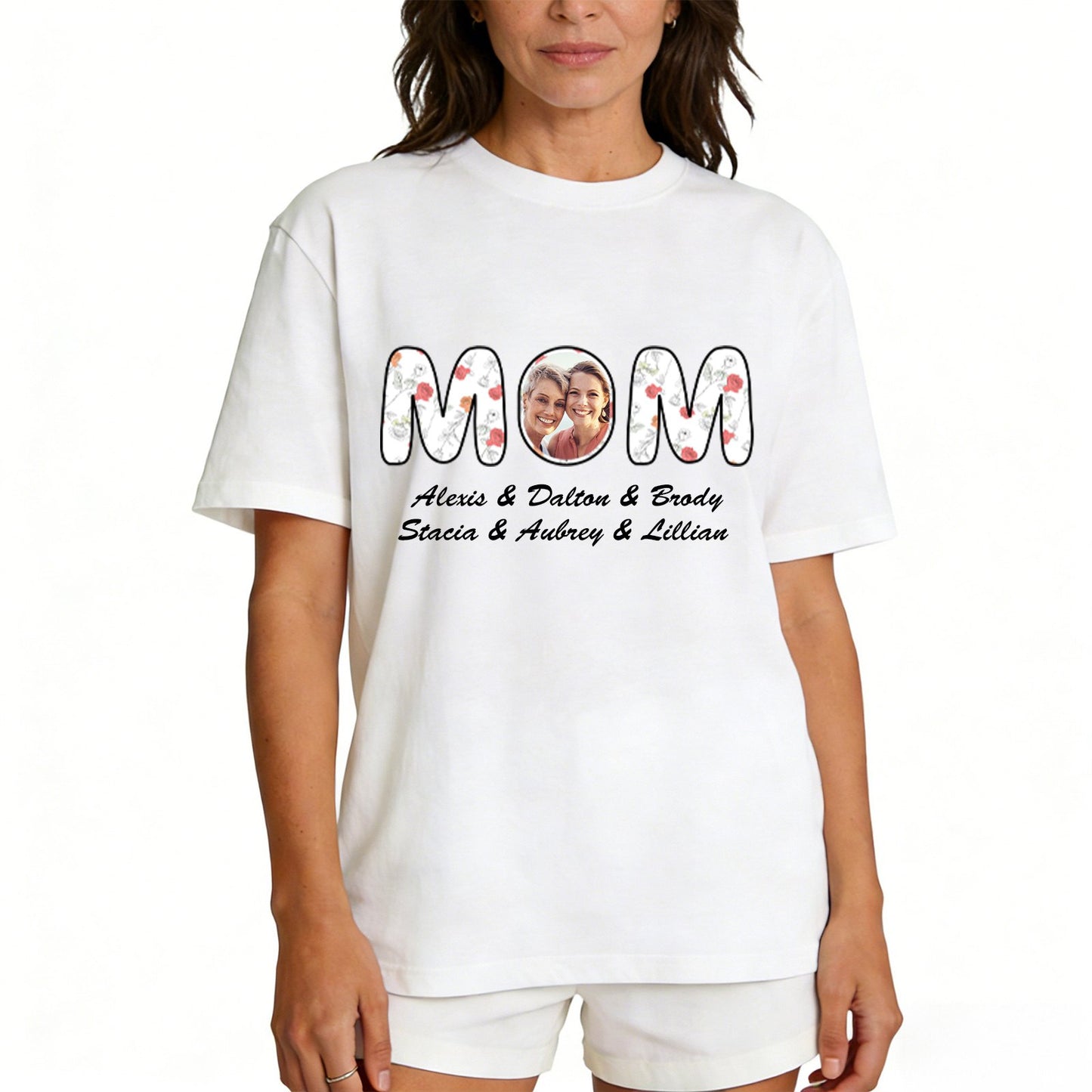 Custom Photo Mom T Shirt with 1-6 Names Flower White