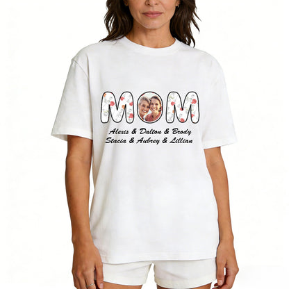 Custom Photo Mom T Shirt with 1-6 Names Flower White