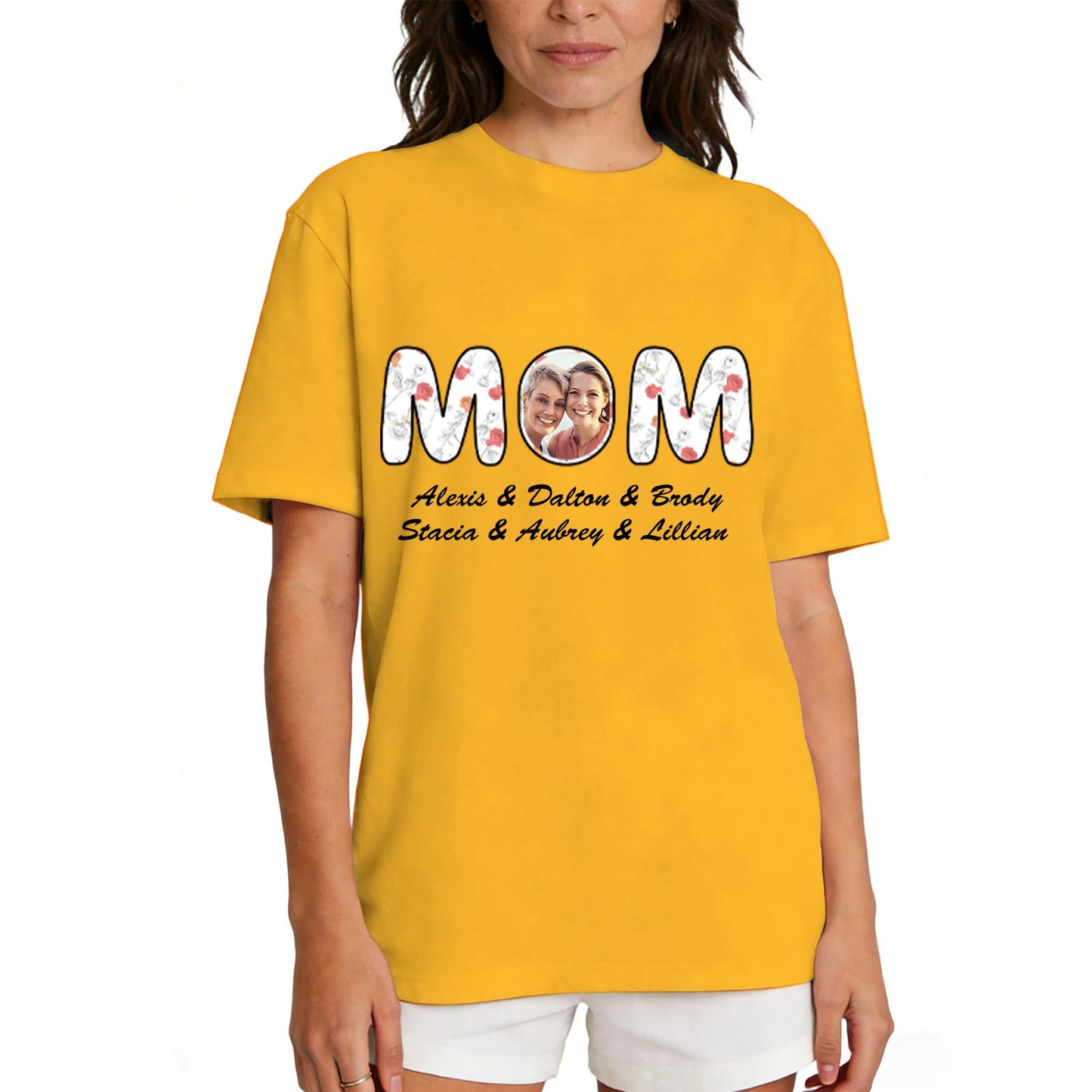 Custom Photo Mom T Shirt with 1-6 Names Flower Yellow