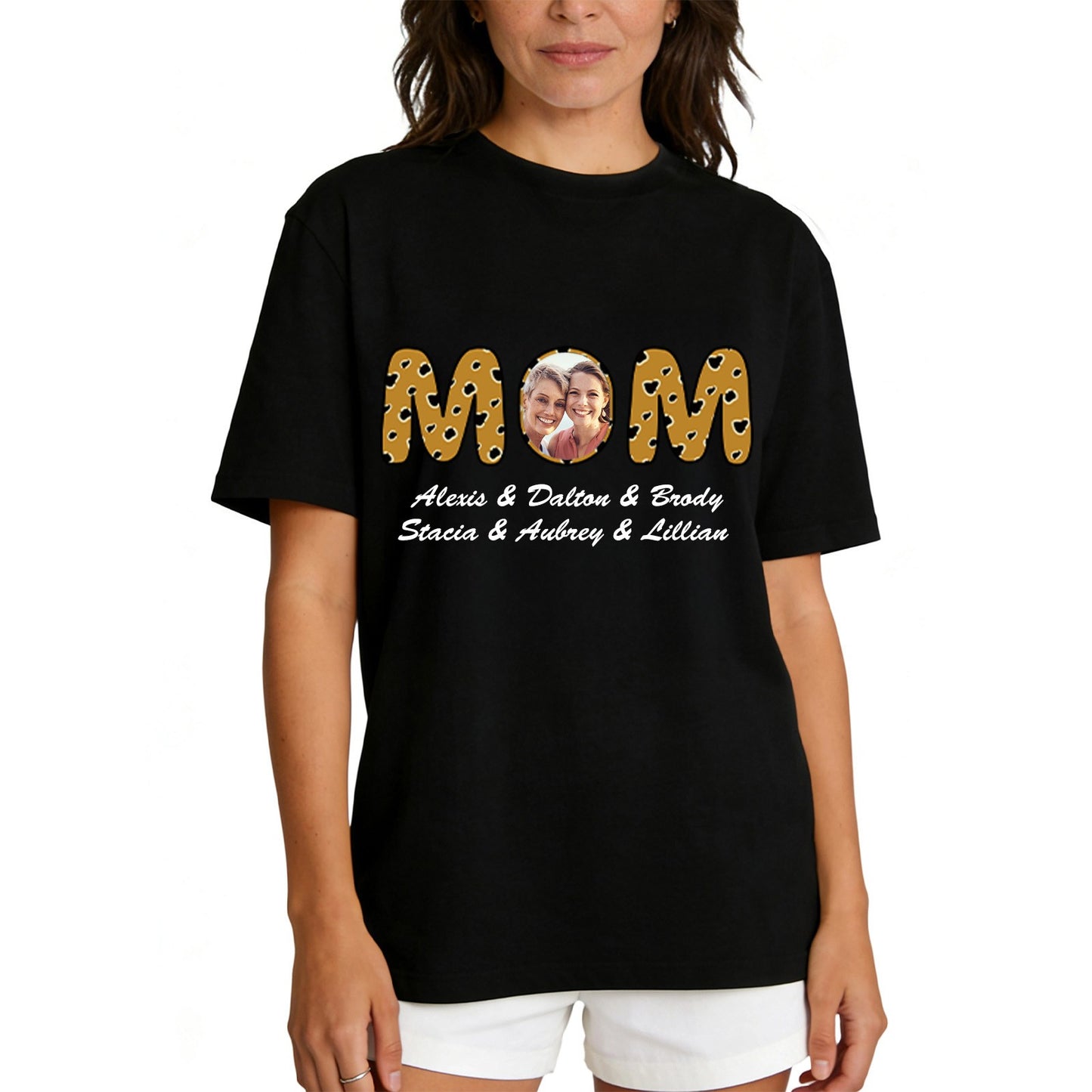 Custom Photo Mom T Shirt with 1-6 Names Leopard Black