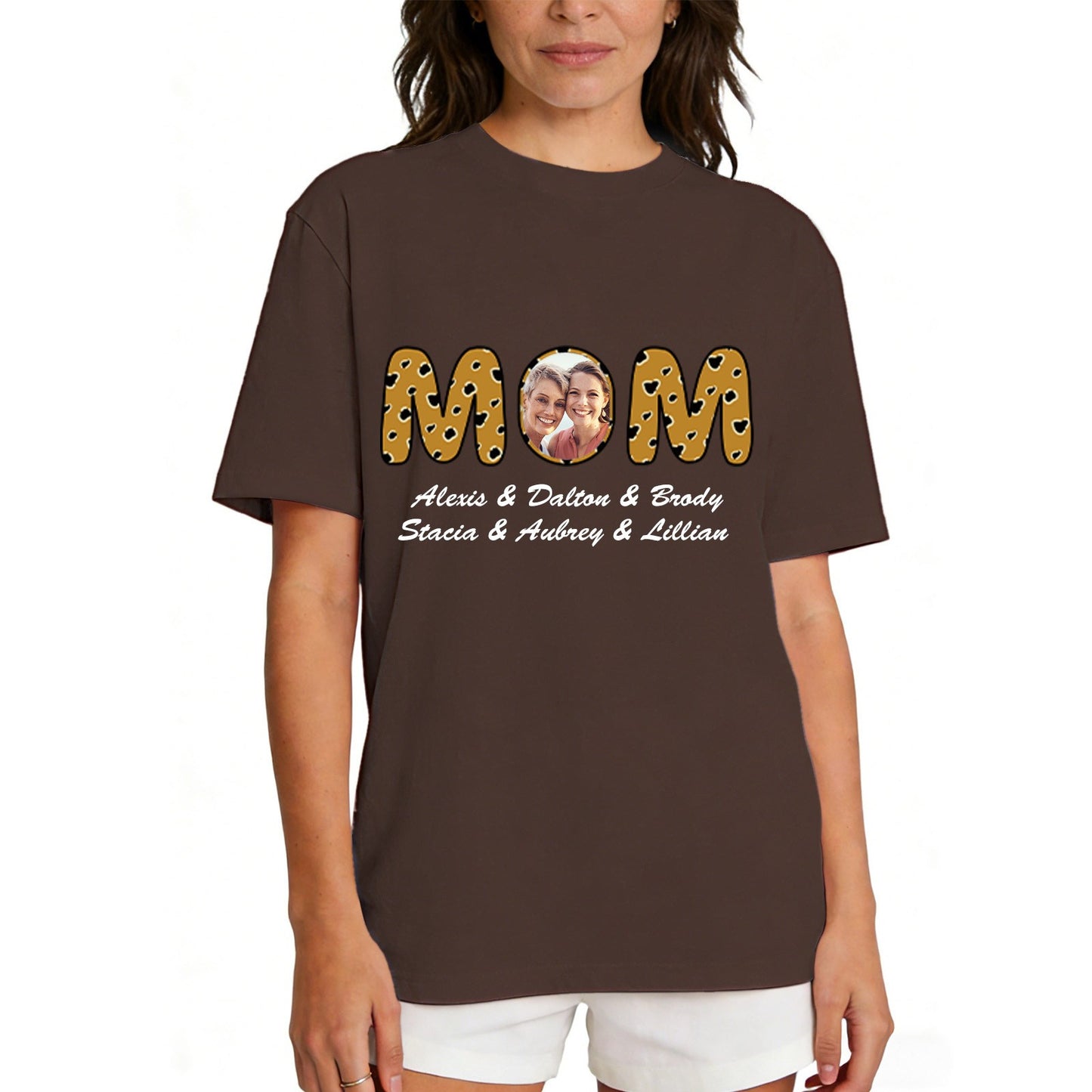 Custom Photo Mom T Shirt with 1-6 Names Leopard Brown