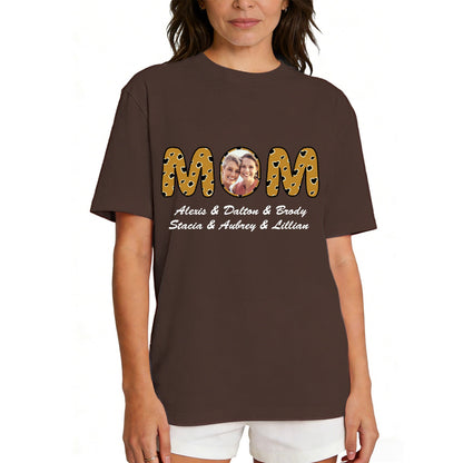 Custom Photo Mom T Shirt with 1-6 Names Leopard Brown