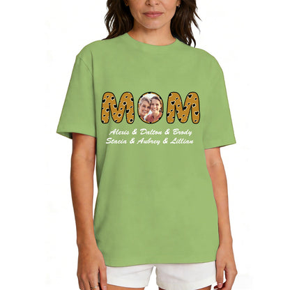 Custom Photo Mom T Shirt with 1-6 Names Leopard Green