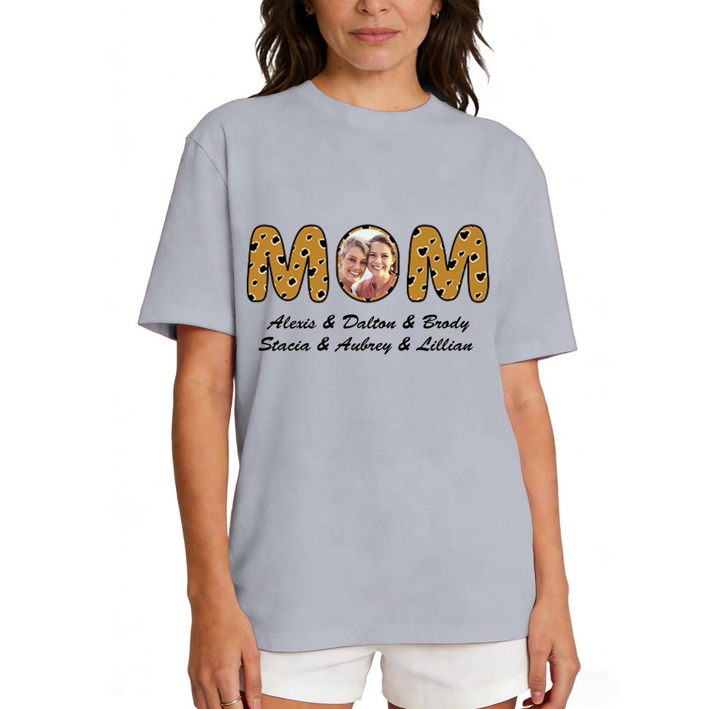 Custom Photo Mom T Shirt with 1-6 Names Leopard Grey