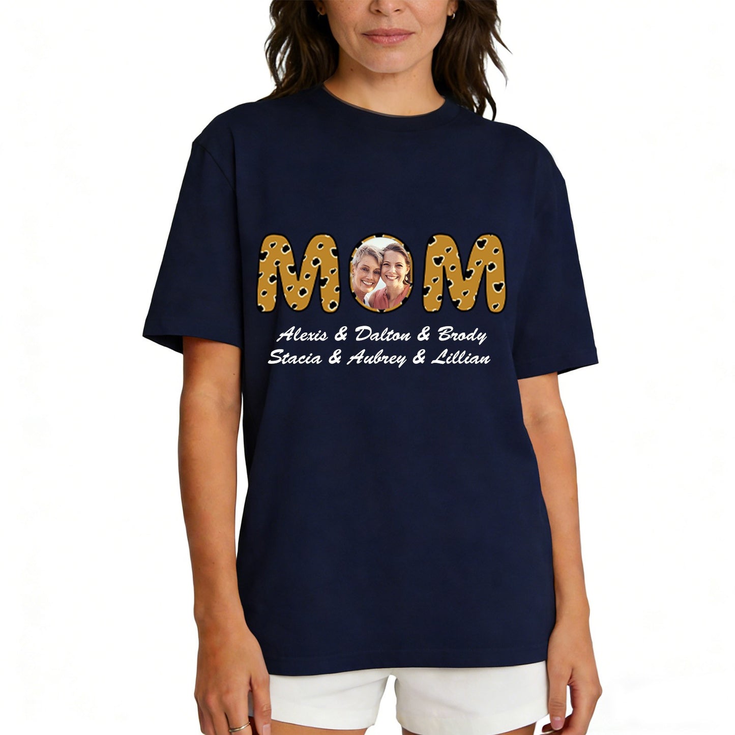 Custom Photo Mom T Shirt with 1-6 Names Leopard Navy Blue