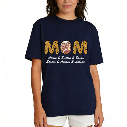 Custom Photo Mom T Shirt with 1-6 Names Leopard Navy Blue