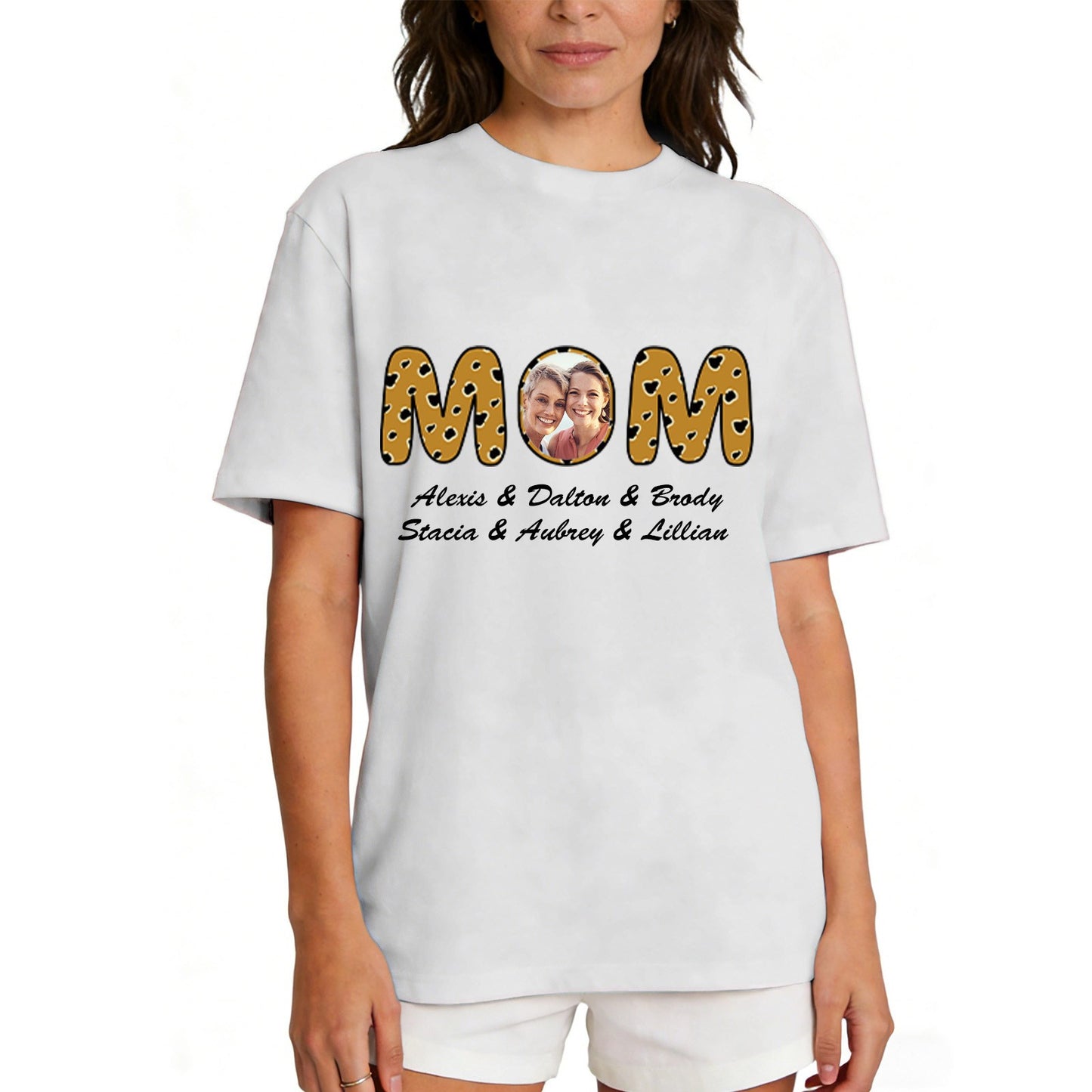Custom Photo Mom T Shirt with 1-6 Names Leopard Navy Light Grey