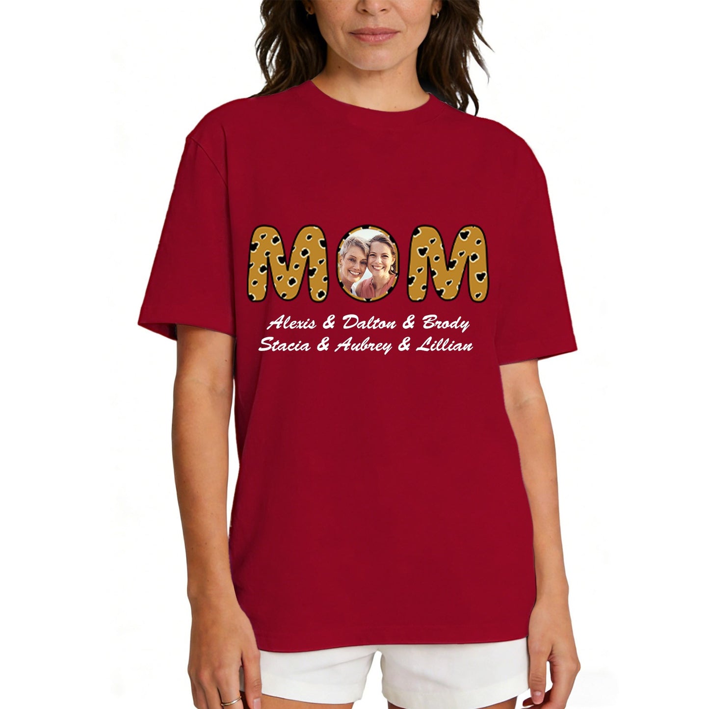 Custom Photo Mom T Shirt with 1-6 Names Leopard Navy Red