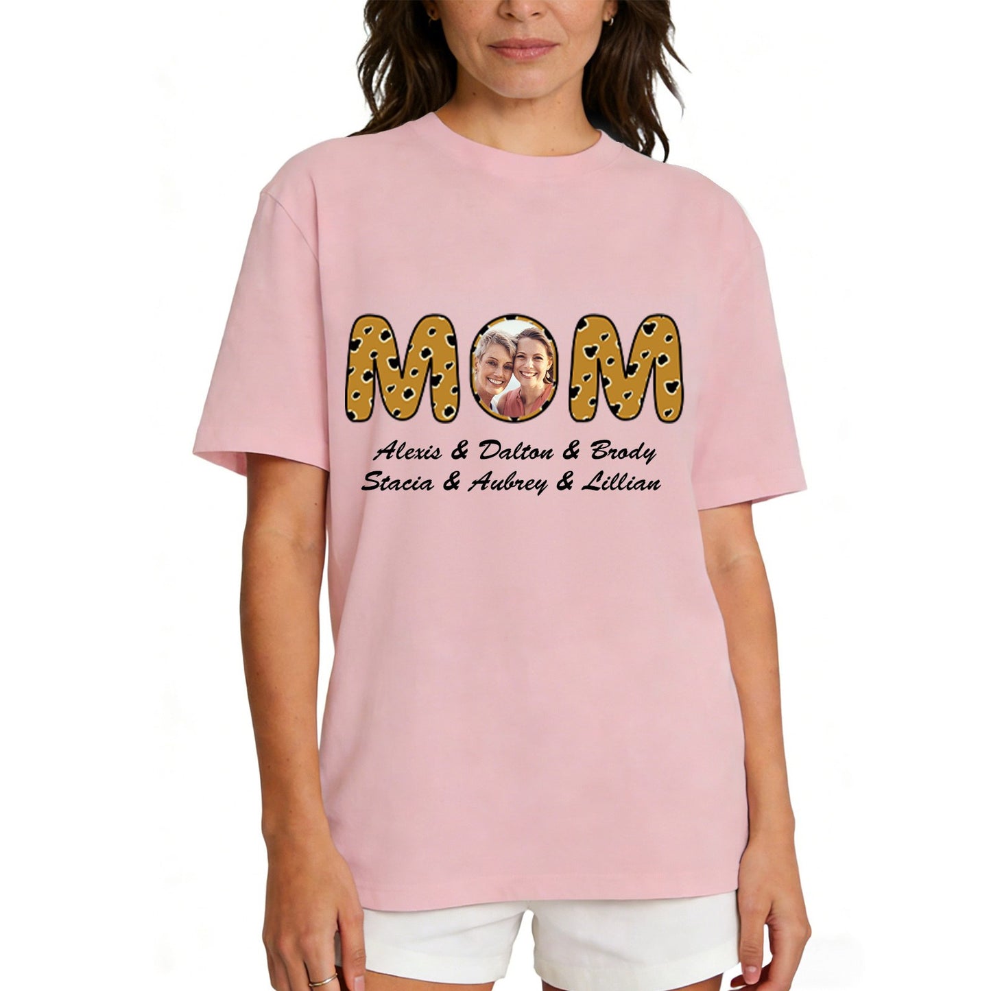 Custom Photo Mom T Shirt with 1-6 Names Leopard Pink