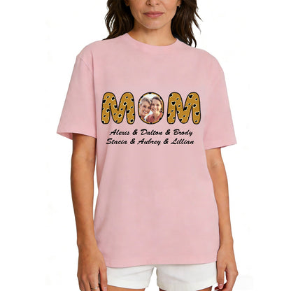 Custom Photo Mom T Shirt with 1-6 Names Leopard Pink