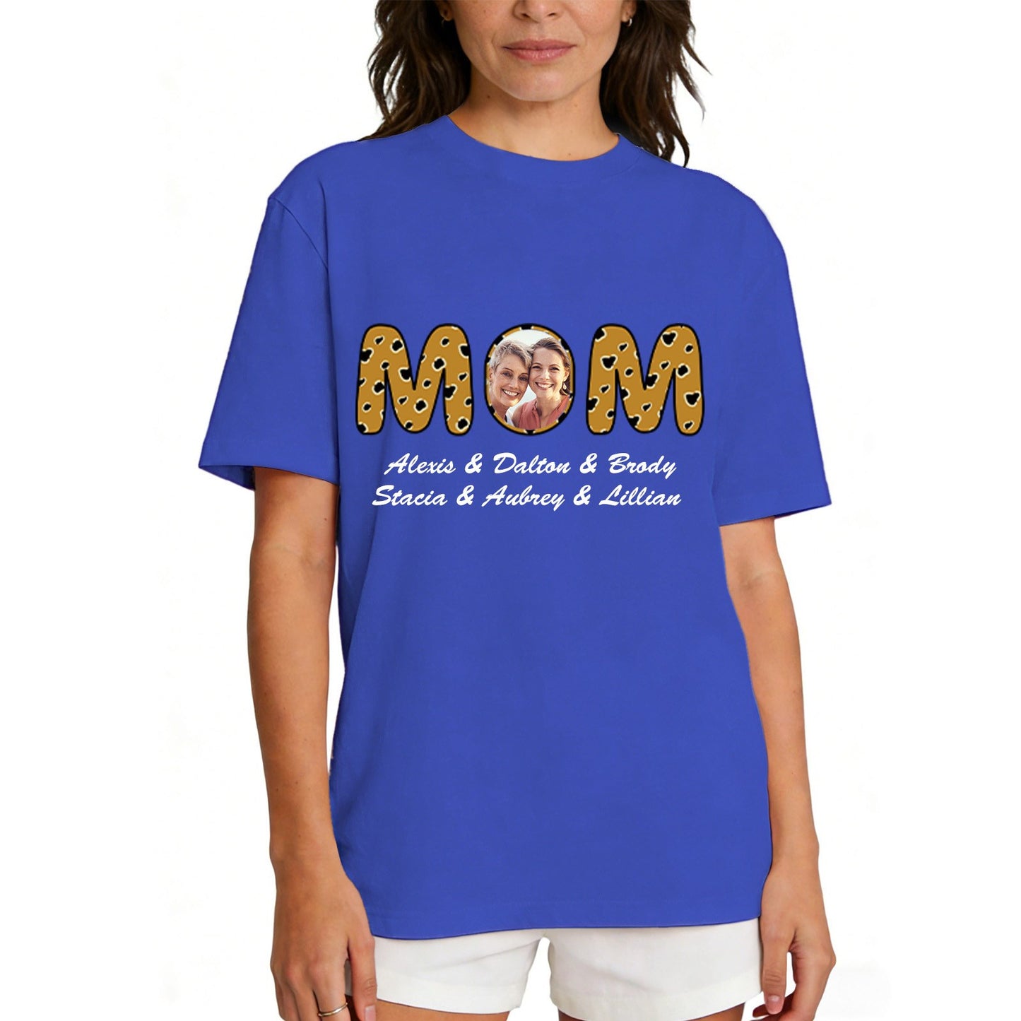 Custom Photo Mom T Shirt with 1-6 Names Leopard Royal Blue