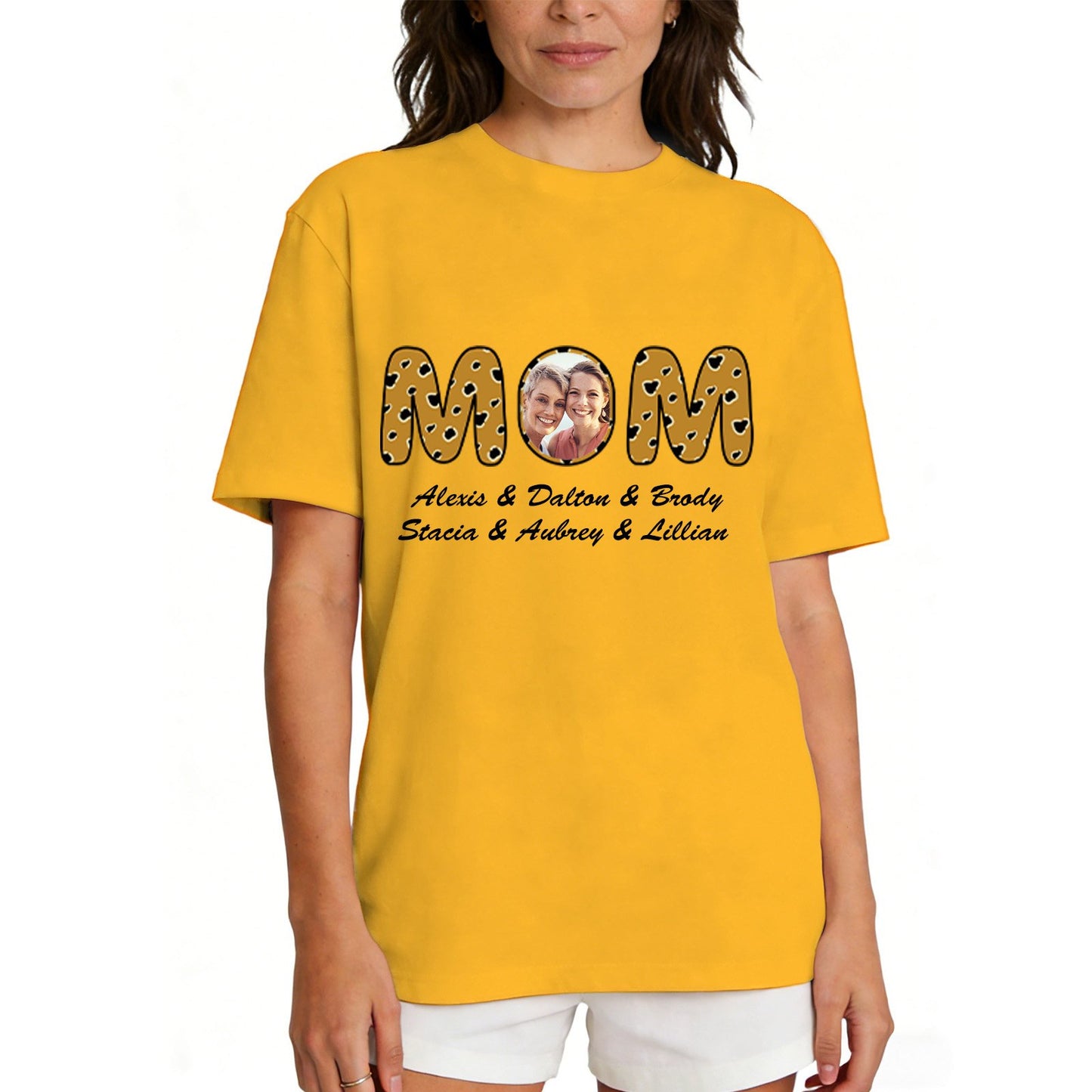 Custom Photo Mom T Shirt with 1-6 Names Leopard Yellow
