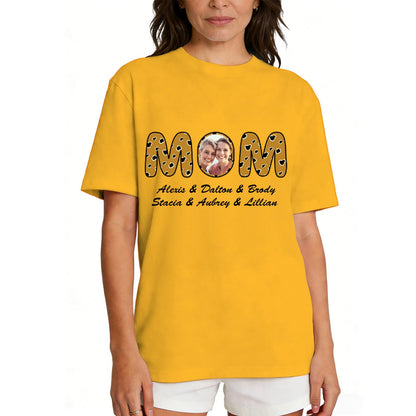 Custom Photo Mom T Shirt with 1-6 Names Leopard Yellow