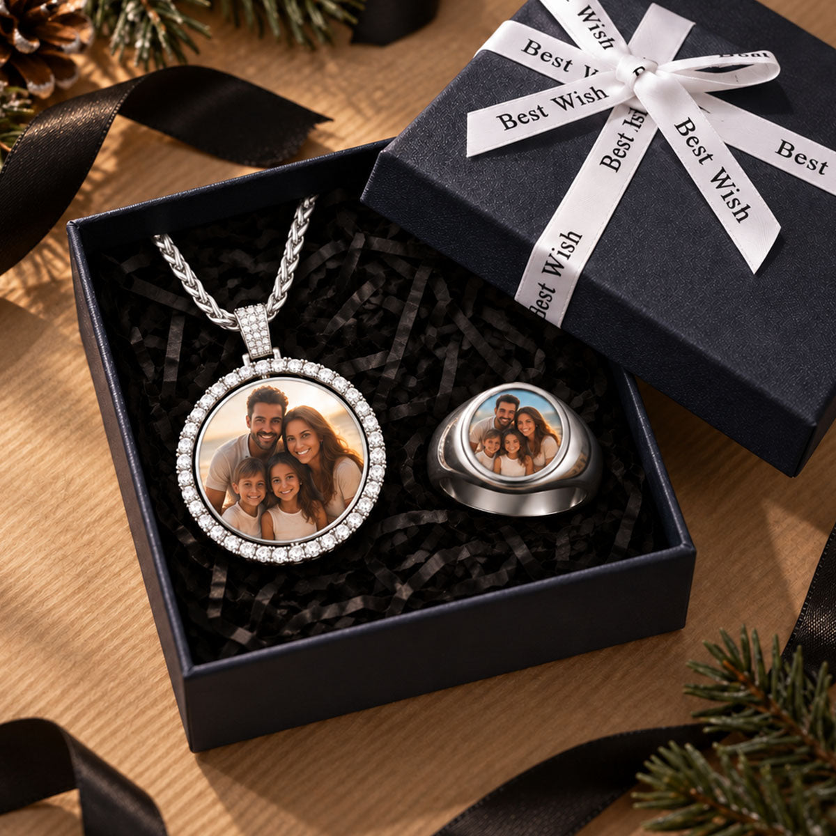 Custom Photo Necklace and Ring Set with blue gift box