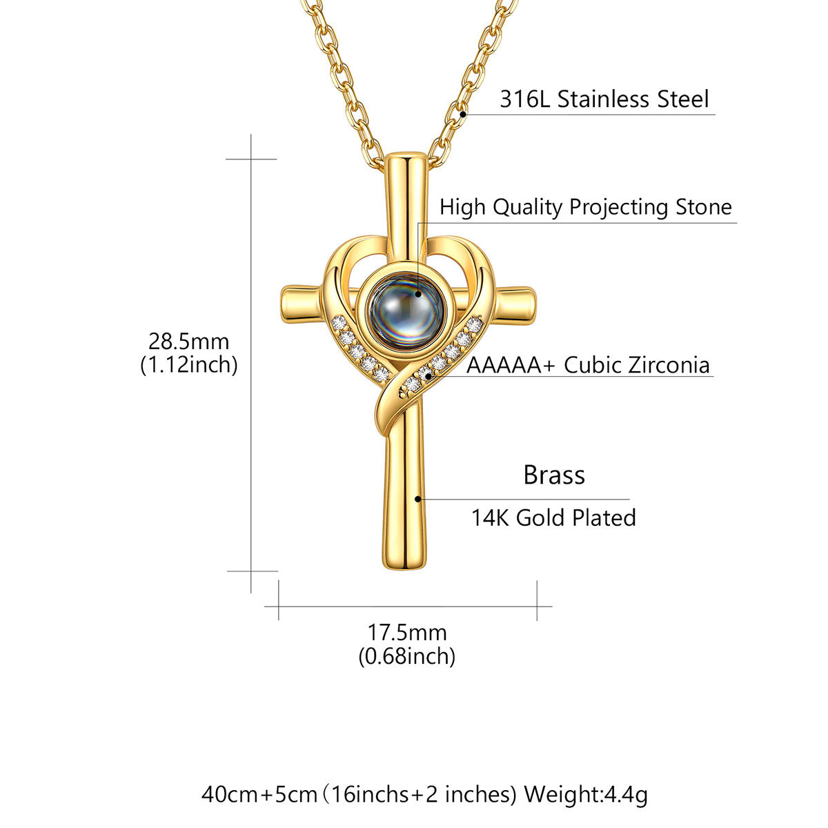 Custom Photo Projection Heart Cross Necklace Dimension, Durable