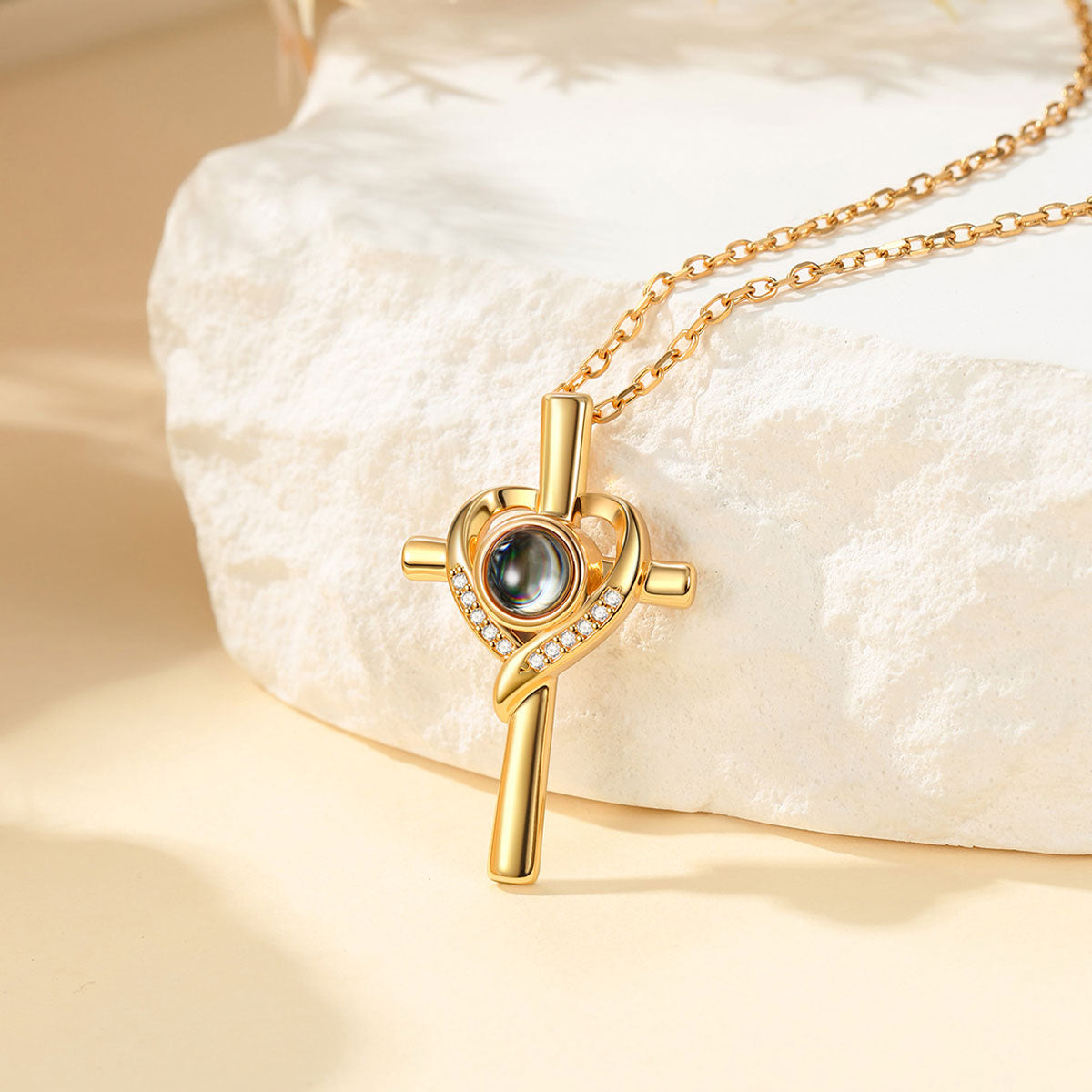 Custom Photo Projection Heart Cross Necklace in Gold Plated