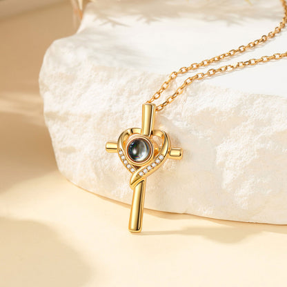 Custom Photo Projection Heart Cross Necklace in Gold Plated