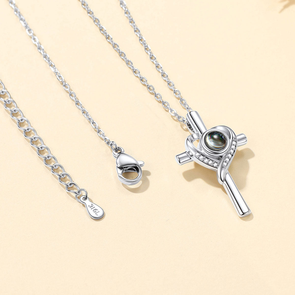Custom Photo Projection Heart Cross Necklace in Steel