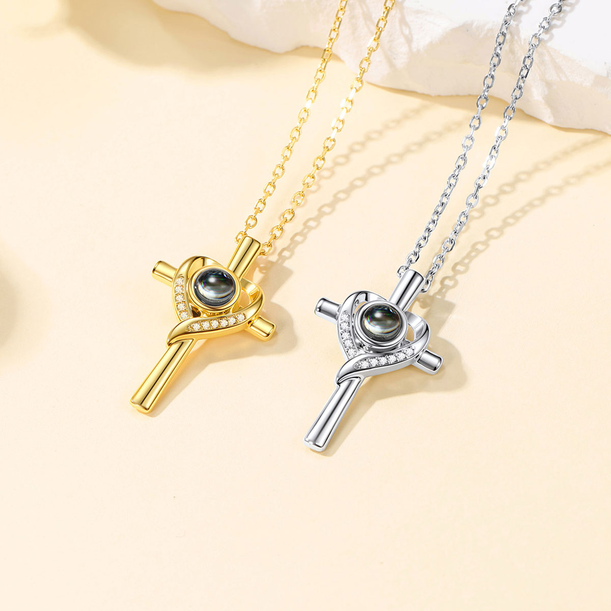 Custom Photo Projection Heart Cross Necklace in different color