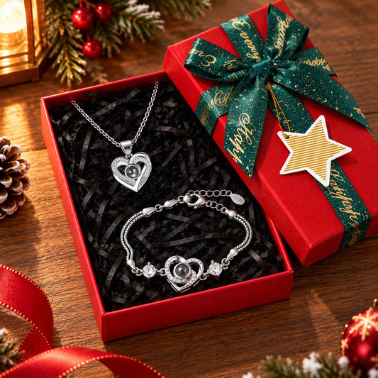 Custom Photo Projection Heart Necklace and Bracelet set for Women