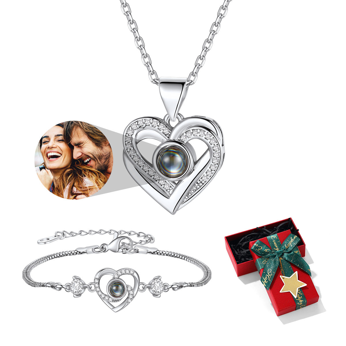 Custom Photo Projection Heart Necklace and Bracelet set for Women with xmas gift box
