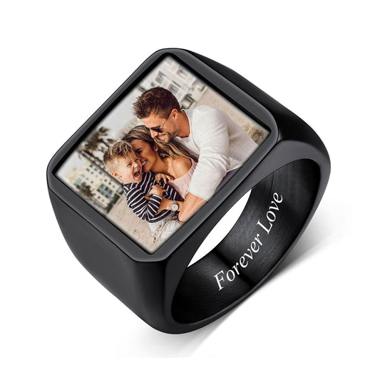Custom Photo Ring Name Engraving Signet Ring Black Plated CFR14790