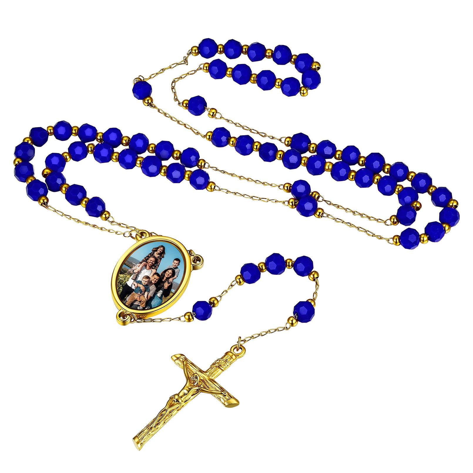 Custom Photo Rosary Beads Cross Necklace Blue Stone