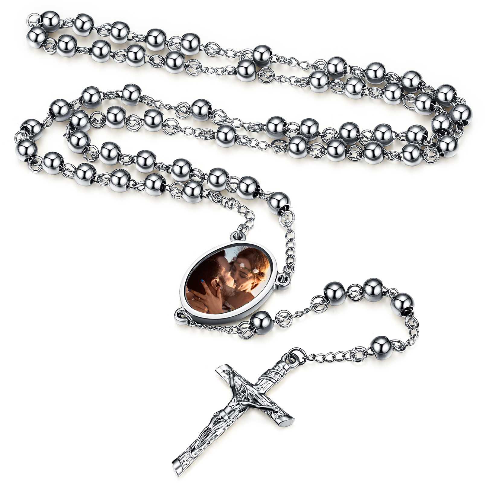 Custom Photo Rosary Beads Necklace with Cross