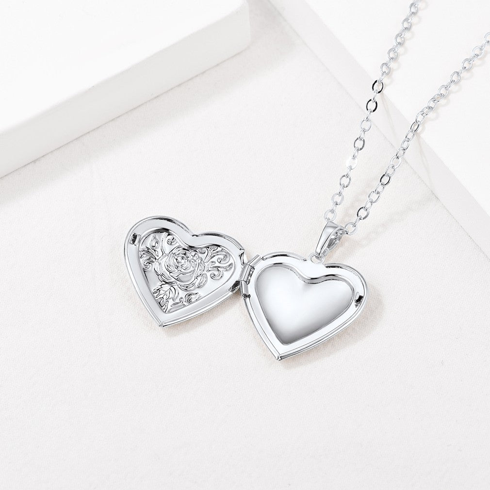 Custom Photo Rose Heart Locket Necklace in White Gold Plated