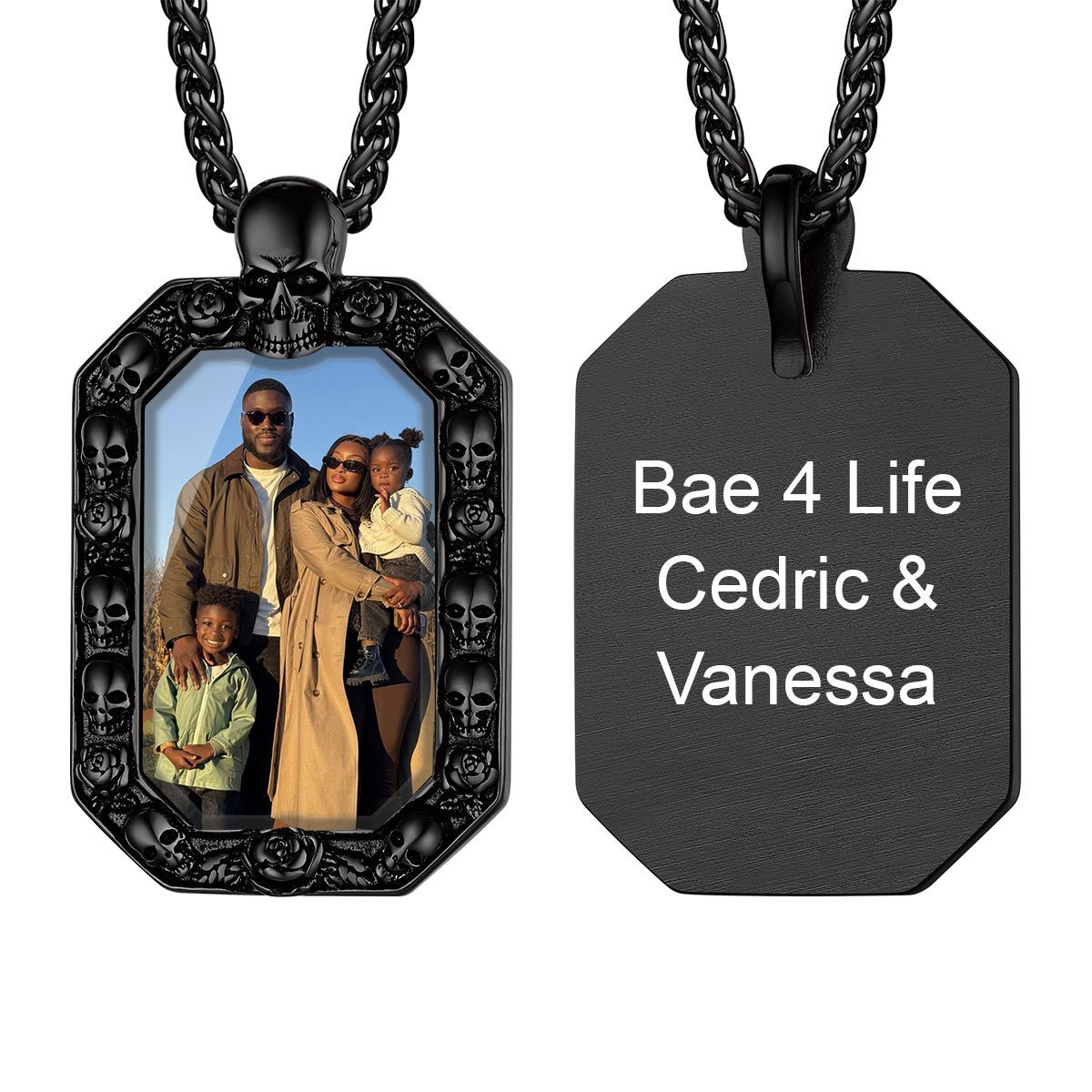 Custom Photo Skull Octagonal Dog Tag Necklace Black Plated