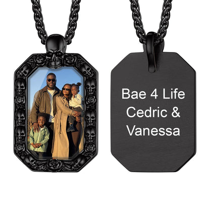Custom Photo Skull Octagonal Dog Tag Necklace Black Plated
