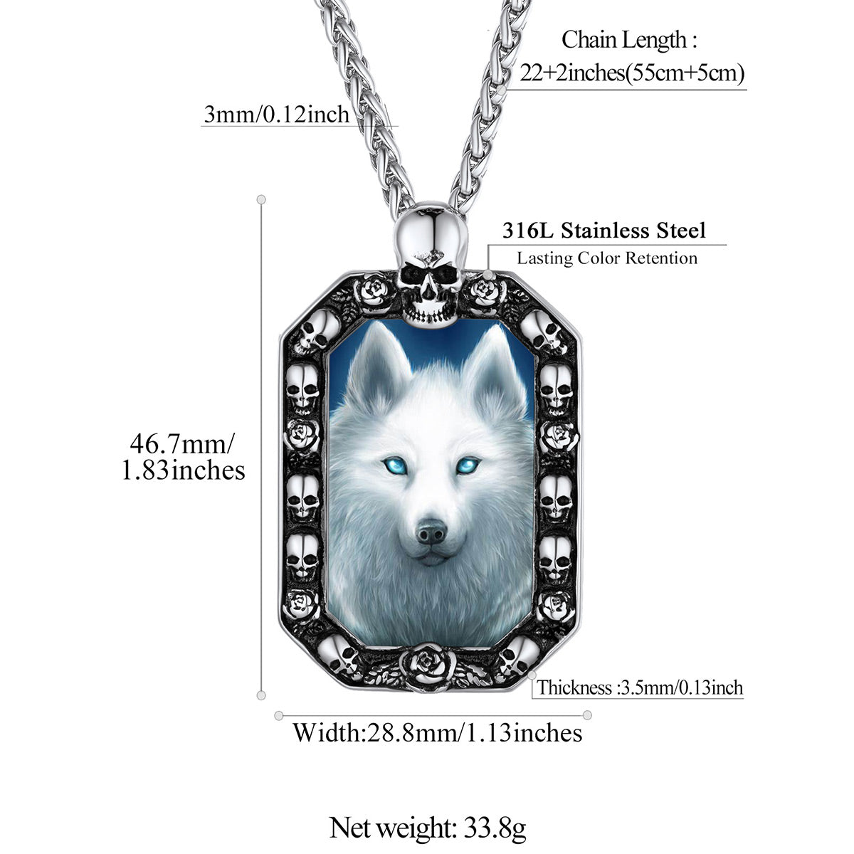 Custom Photo Skull Octagonal Dog Tag Necklace: Dimension, Durable, Solid