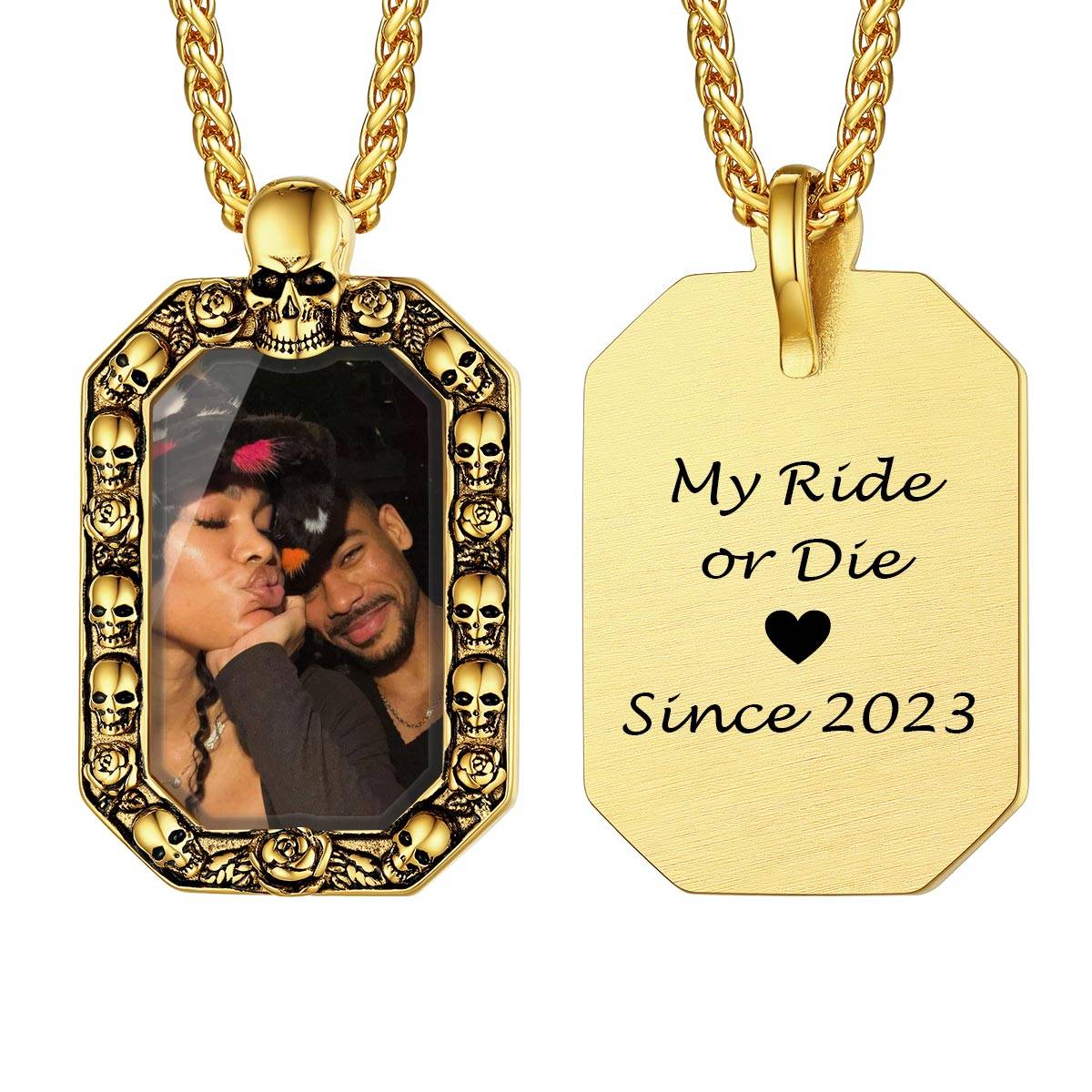 Custom Photo Skull Octagonal Dog Tag Necklace Gold Plated