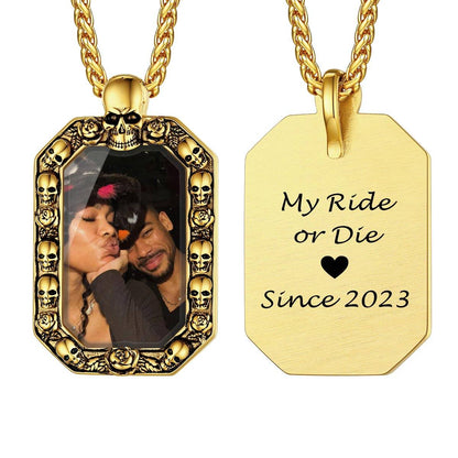 Custom Photo Skull Octagonal Dog Tag Necklace Gold Plated