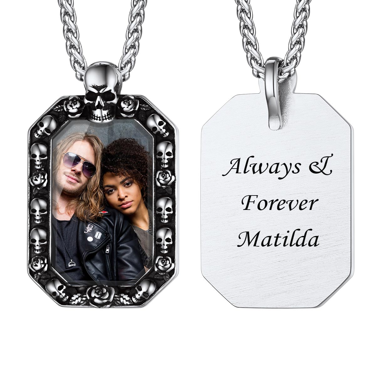 Custom Photo Skull Octagonal Dog Tag Necklace Stainless Steel